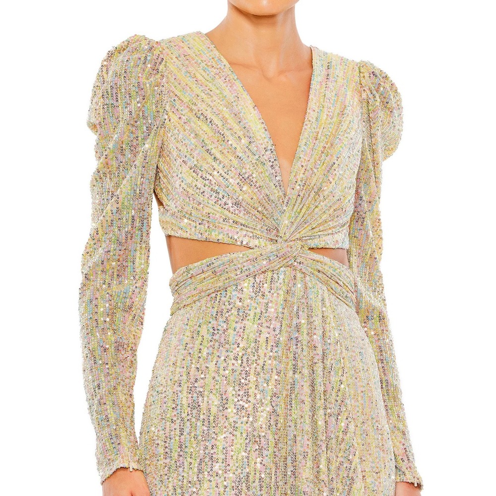 IEENA Mac Duggal Gold Multi Sequin Cutout Gown Long Sleeve V-Neck 27050 Size 6
